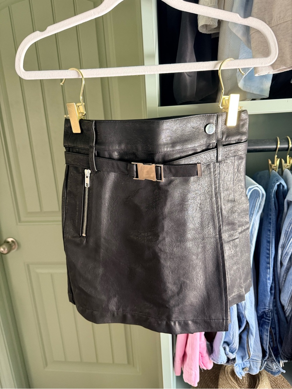 Steele Black Faux Leather Mini Skirt with Belt and Pleated Back